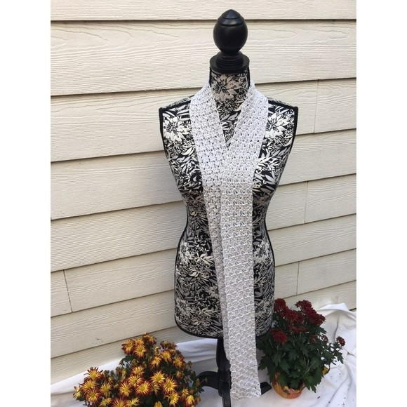 Scarf- Hand Crochet Silver Grey Glitter Scarf shimmering long light weig… - Picture 3 of 9